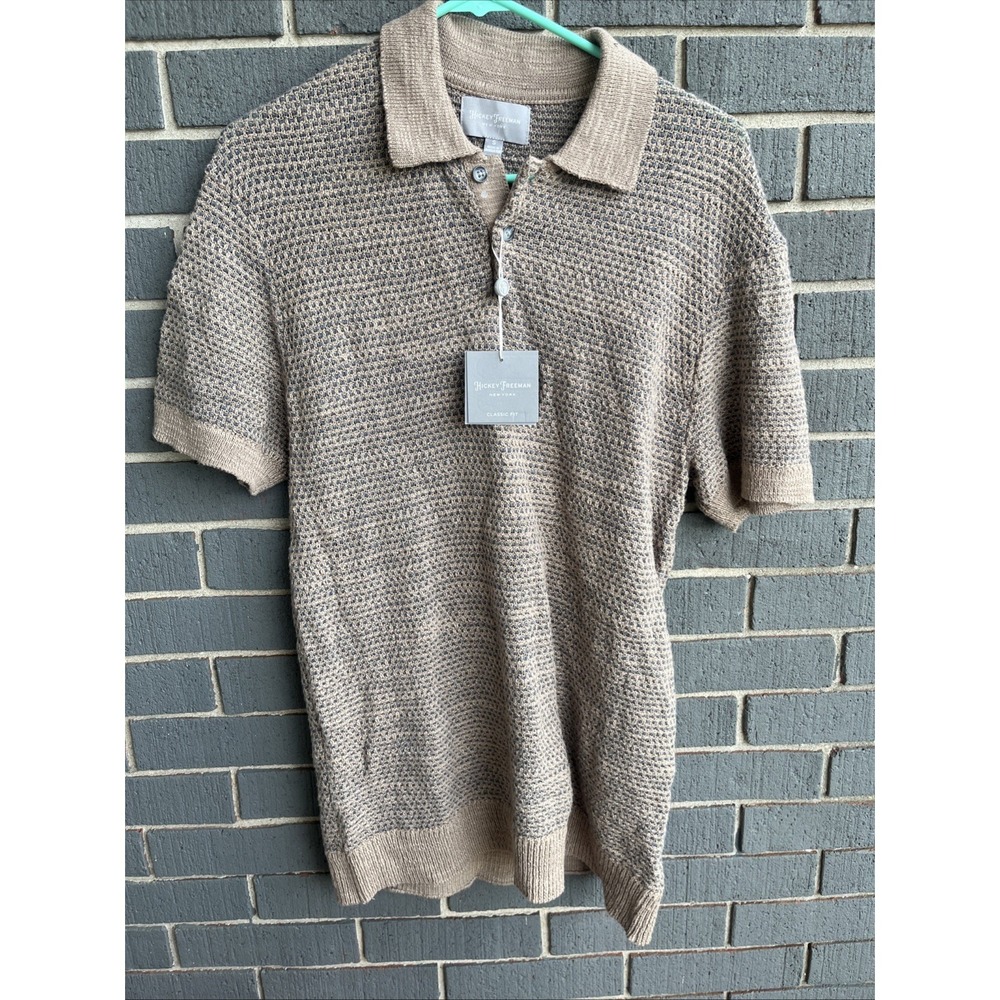 Hickey Freeman Sweater Mens S Tan Blue Collared Polo Linen Pullover Work Knit